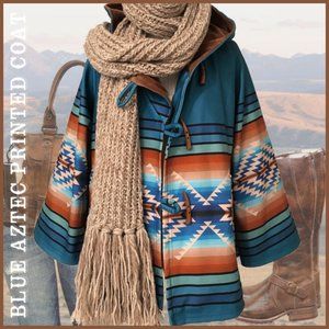 Blue Aztec Printed Hooded Coat Size M(S)